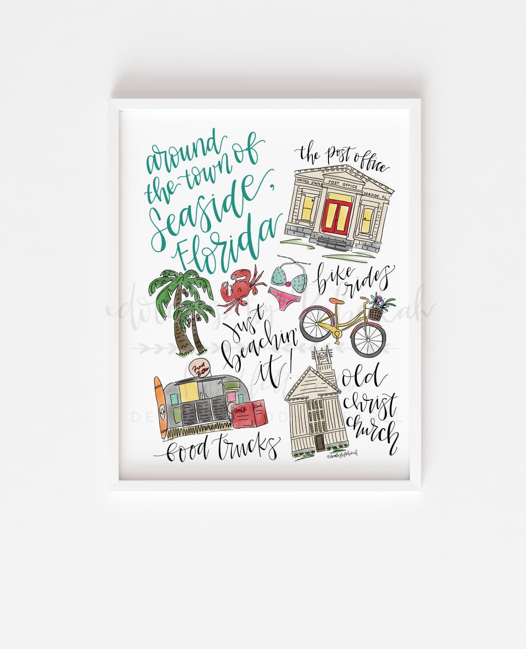 framed print of items describing Florida seaside against a white background