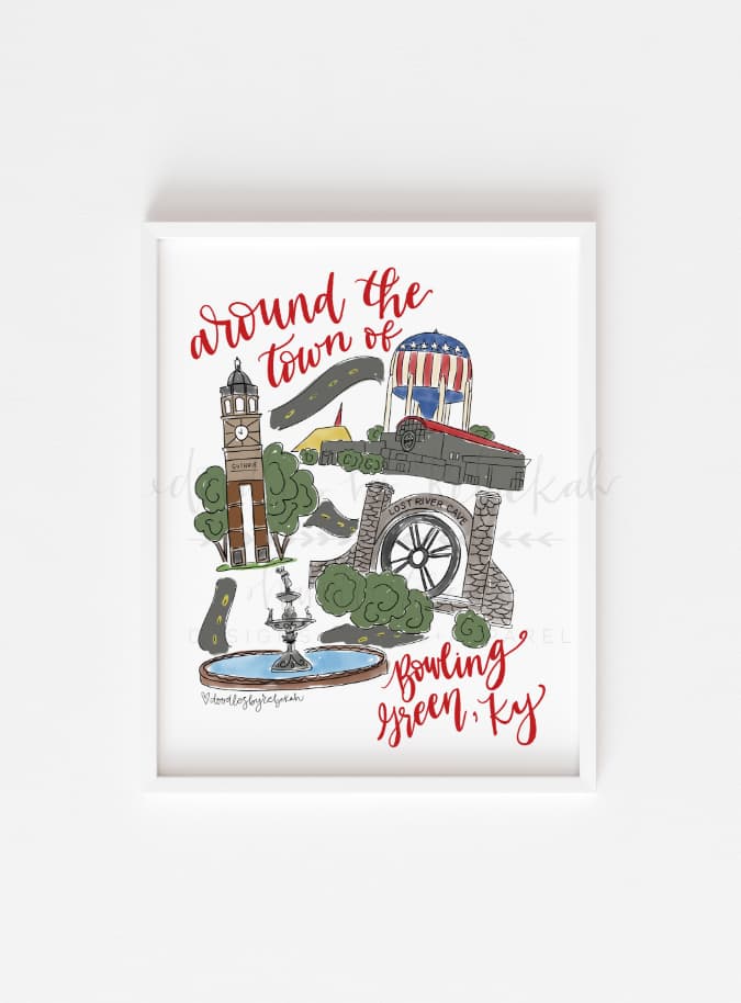 Framed print with hand painted images of Bowling Green, KY against a white background