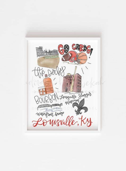 Framed print with doodles of Louisville, KY against a white background