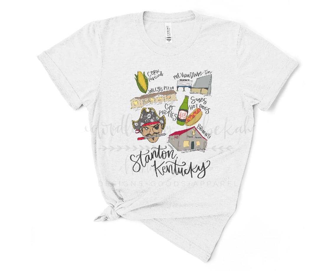 Cotton t-shirt against a white background with various doodles reflecting Stanton, KY