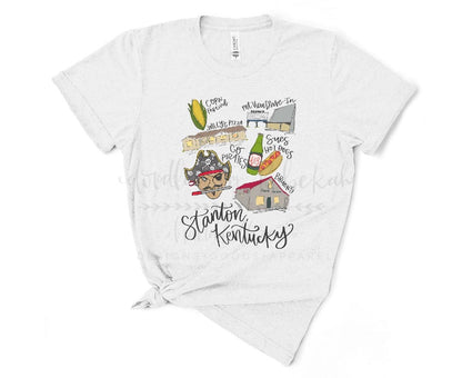 Cotton t-shirt against a white background with various doodles reflecting Stanton, KY