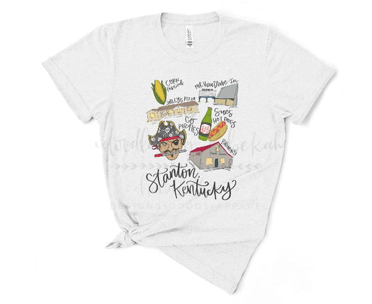 Cotton t-shirt against a white background with various doodles reflecting Stanton, KY