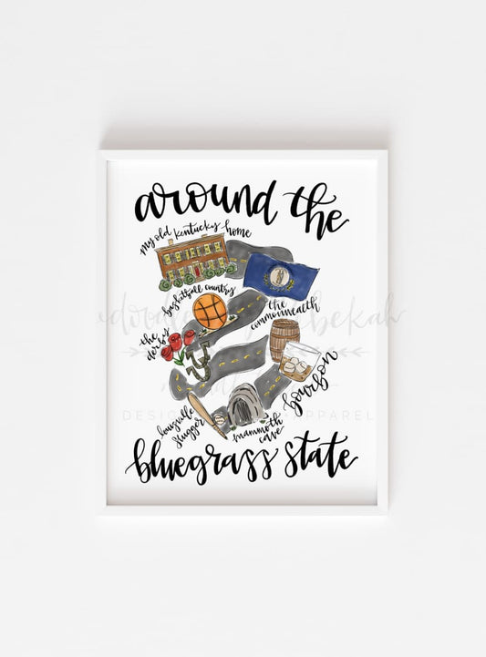 White framed print with items describing the bluegrass state