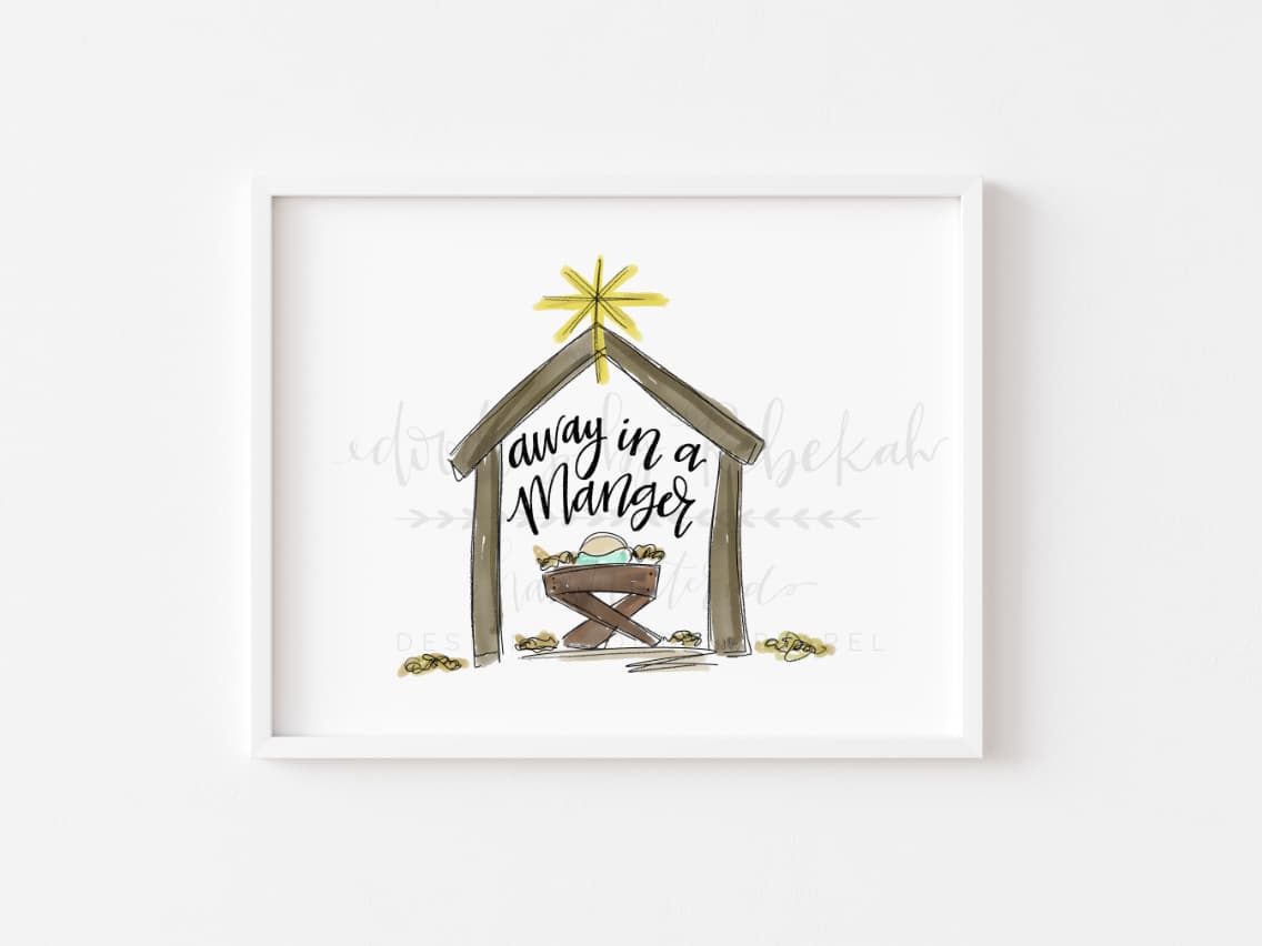 Framed print of a manger scene against white background