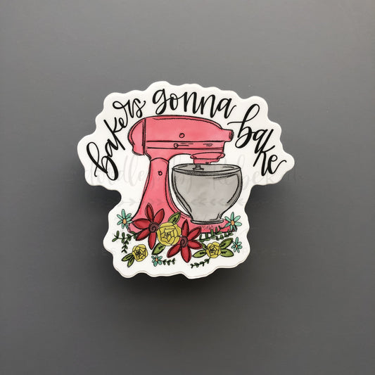 Colorful sticker of a stand mixer with flowers and a cute phrase