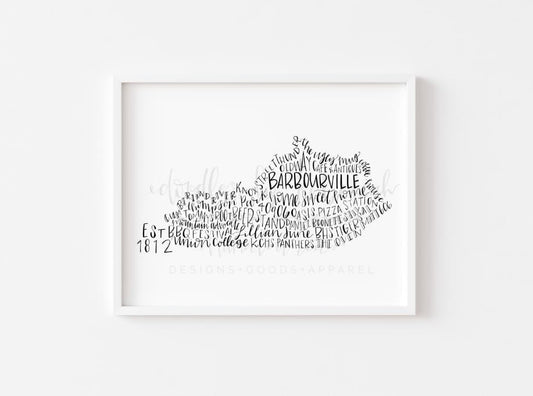 Framed print of words describing Barbourville, KY