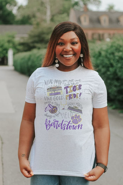 Woman wearing a t-shirt with Bardstown Tiger Pride design