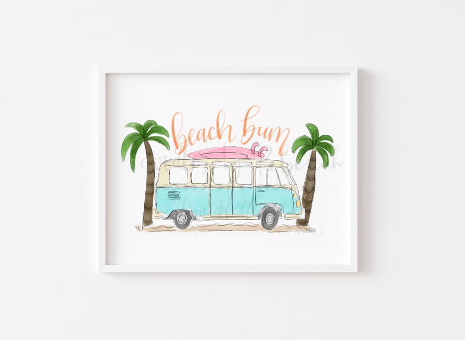 An 8x10 frameable print featuring hand-drawn illustrations of a beach bum character, palm trees, and a vintage blue and white bus with the text 'BEACH BUM' written above.