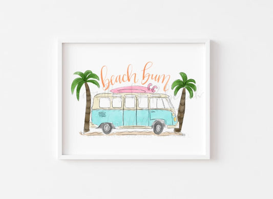 An 8x10 frameable print featuring hand-drawn illustrations of a beach bum character, palm trees, and a vintage blue and white bus with the text 'BEACH BUM' written above.