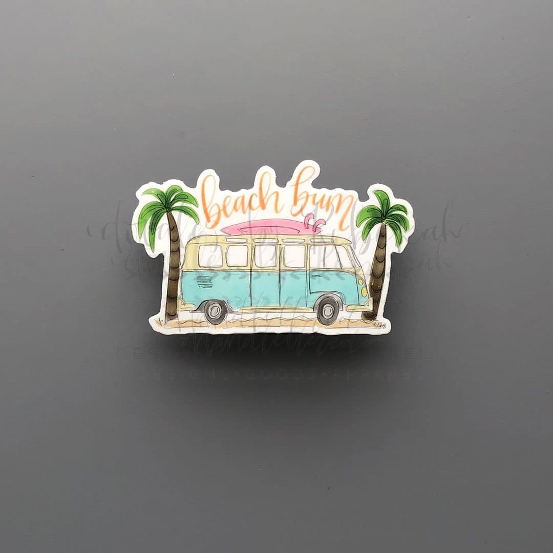 Colorful sticker featuring a van with a surfboard and the words 'beach bum'