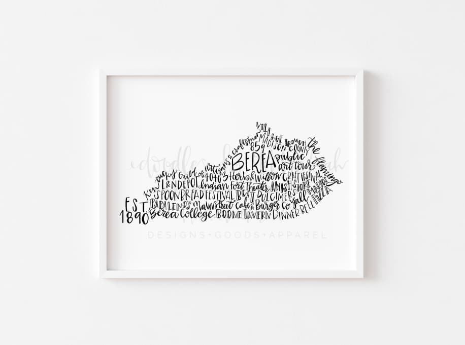 Framed print with state of Kentucky with word art describing Bera, KY