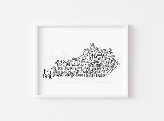 Framed print with state of Kentucky with word art describing Bera, KY