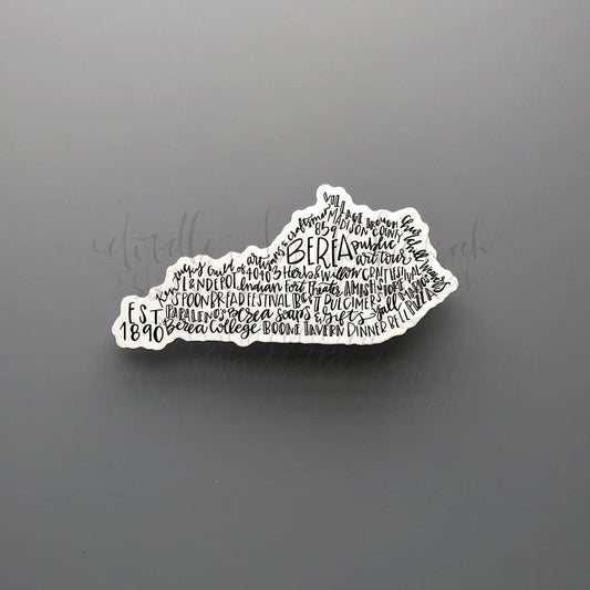 Kentucky state sticker with black whimsical calligraphy including Berea College, Boone Tavern, and Spoonbread Festival.