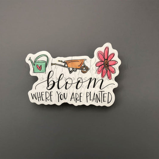 Colorful sticker that reads "Bloom Where You Are Planted