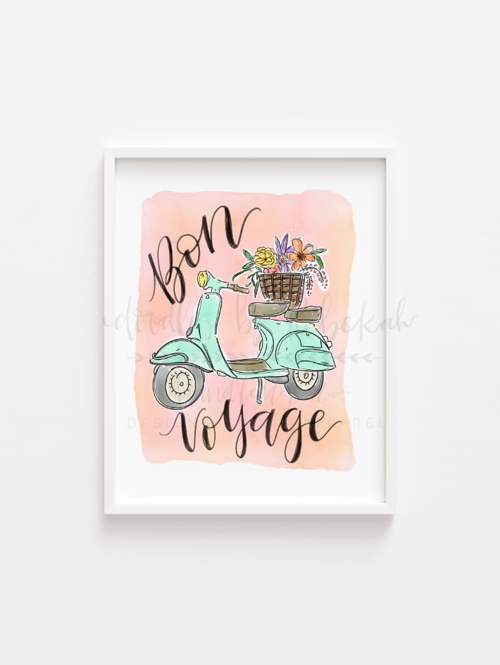 Colorful print with a scooter, flowers, and text that reads "Bon Voyage"