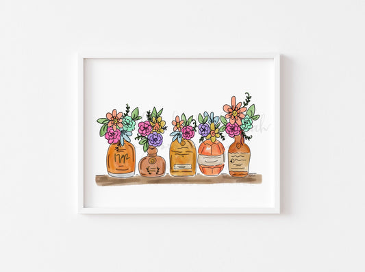 A print of hand-drawn bourbon bottles with floral decorations, presented in a simple black frame, on a white background.