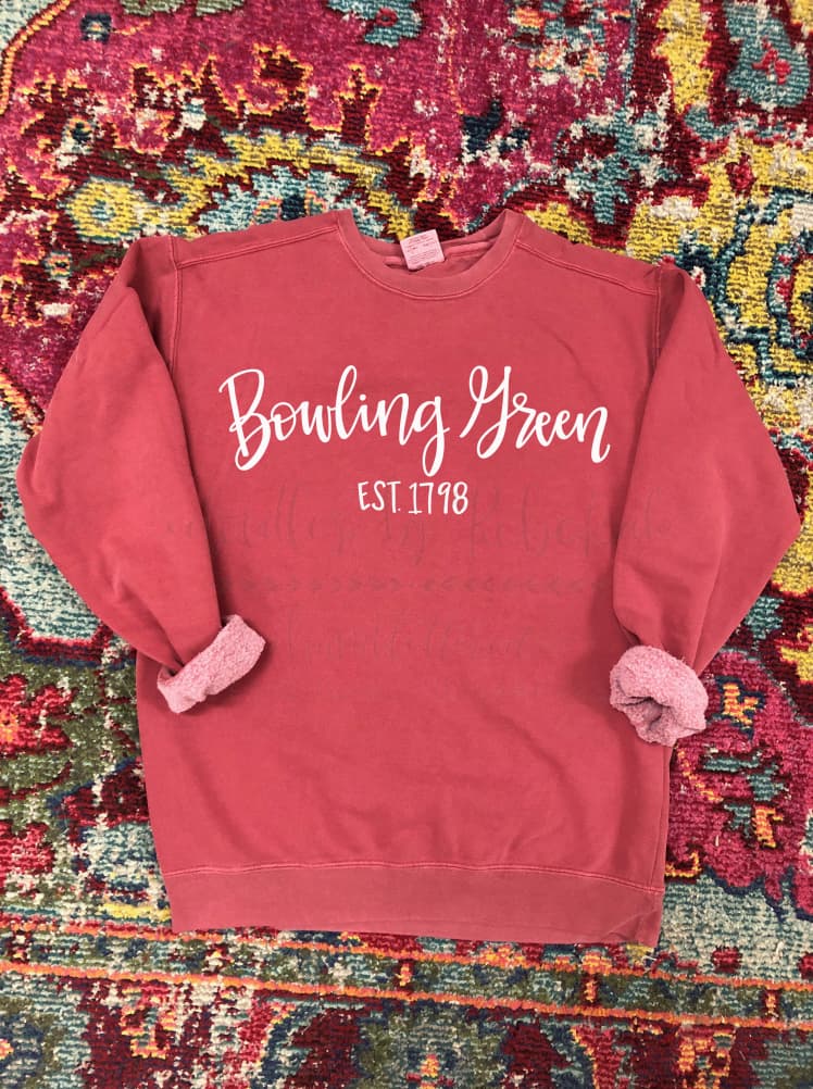 Red sweatshirt with "Bowling Green Est. 1798" handwritten in white