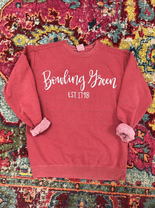 Red sweatshirt with "Bowling Green Est. 1798" handwritten in white