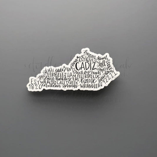 Cadiz Ky Word Art sticker with a white background in the shape of the state of Kentucky