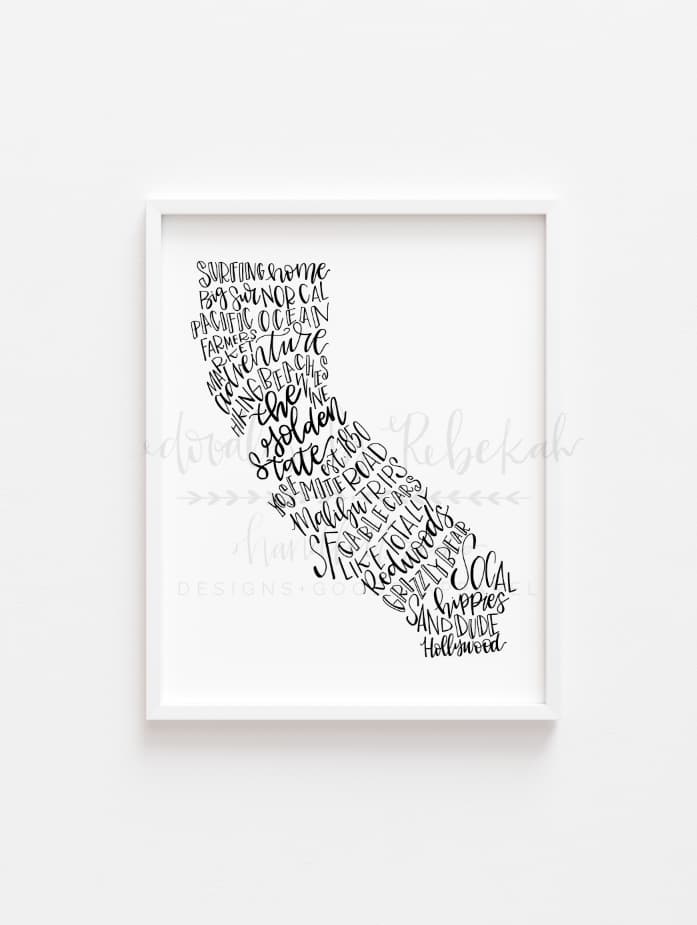 An 8x10 printable artwork with the word 'California' written in a stylized black font on a white background, representing the state's shape.