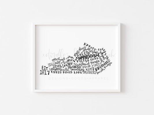 A white print in the shape of Kentucky with word art centering around Campbellsville KY