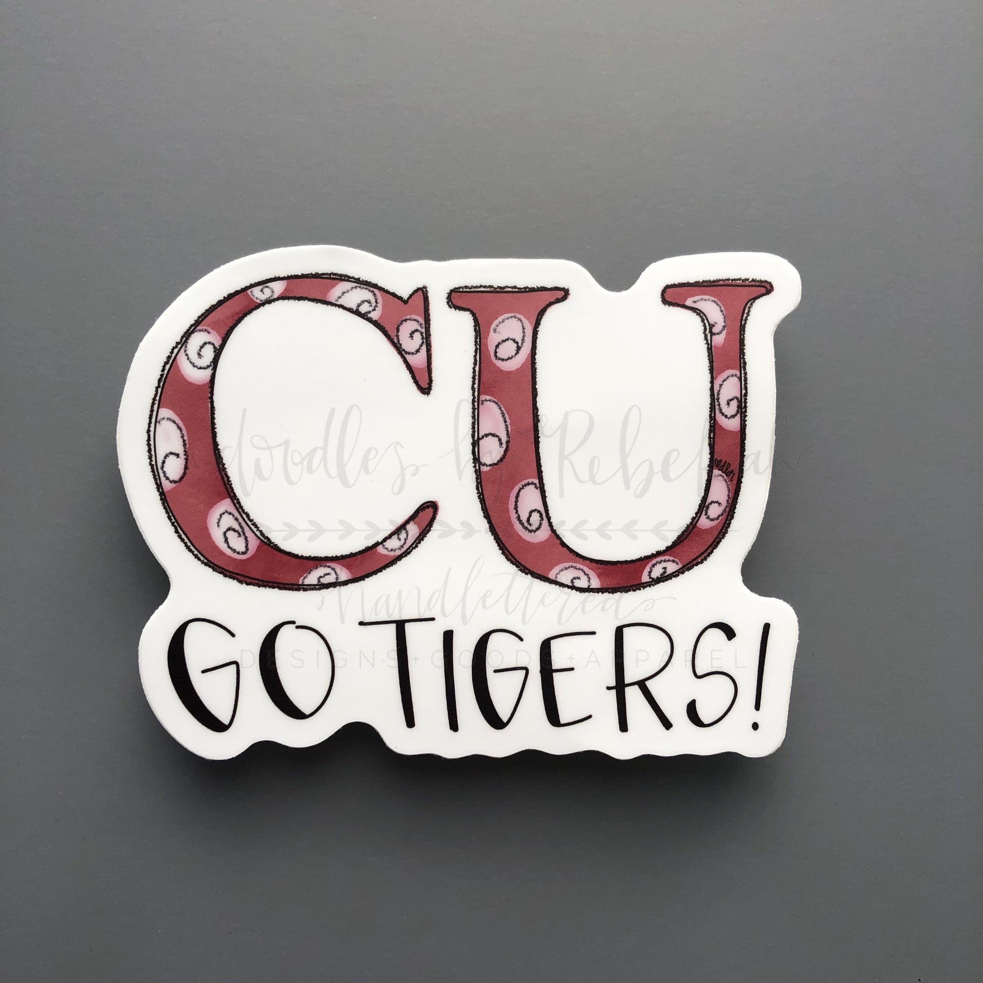A white sticker in Rebekah's hand drawn style that reads "CU Go Tigers!"