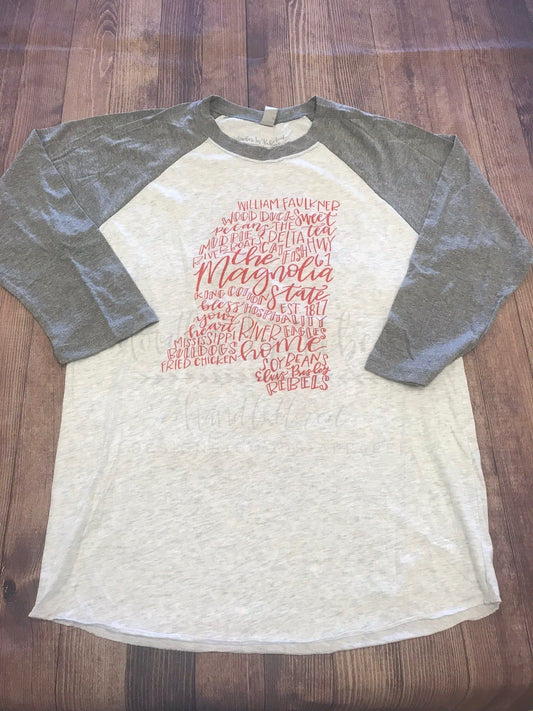 Mississippi Word Art Gray Sleeve Raglan - Tees