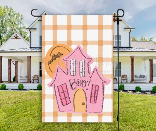 Pink Haunted House Garden Flag - Garden Flag